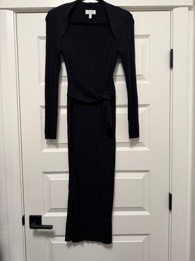 Ten Sixty Sherman Black Ribbed Knit Long-Sleeve Maxi Dress with Self-Tie Waist